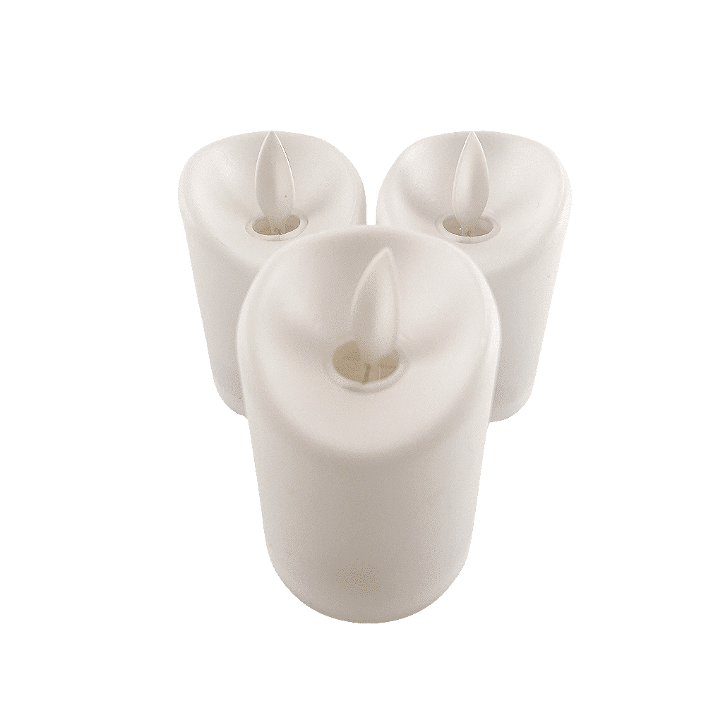 Produktbillede af LED lys i plastik 3 stk. 7 cm m/3D flamme og fjernbetjening hvid på tilbud