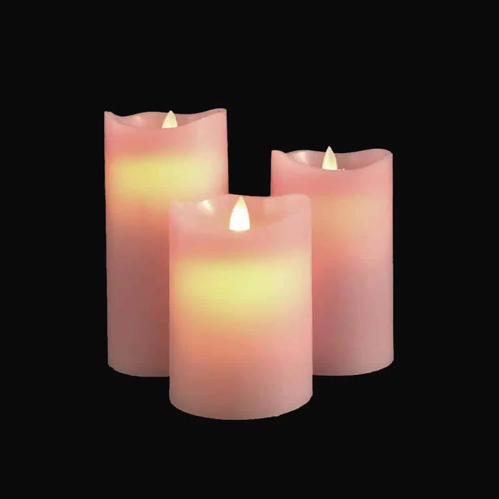 LED blok stearinlys 3 stk. 12/15/17 cm m/3D flamme (Flere farver) Lyserød