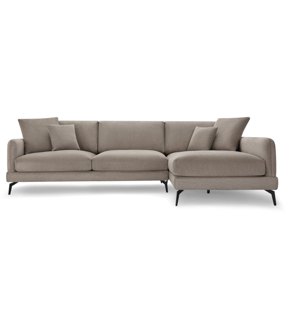 Maggie sofa m. højre chaiselong og 4 pyntepuder brun stof og sort metal