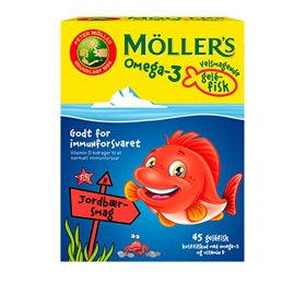 Detaljeret produktbillede af Orkla Møllers Omega-3 fisk Jordbær 45 GUM. på tilbud