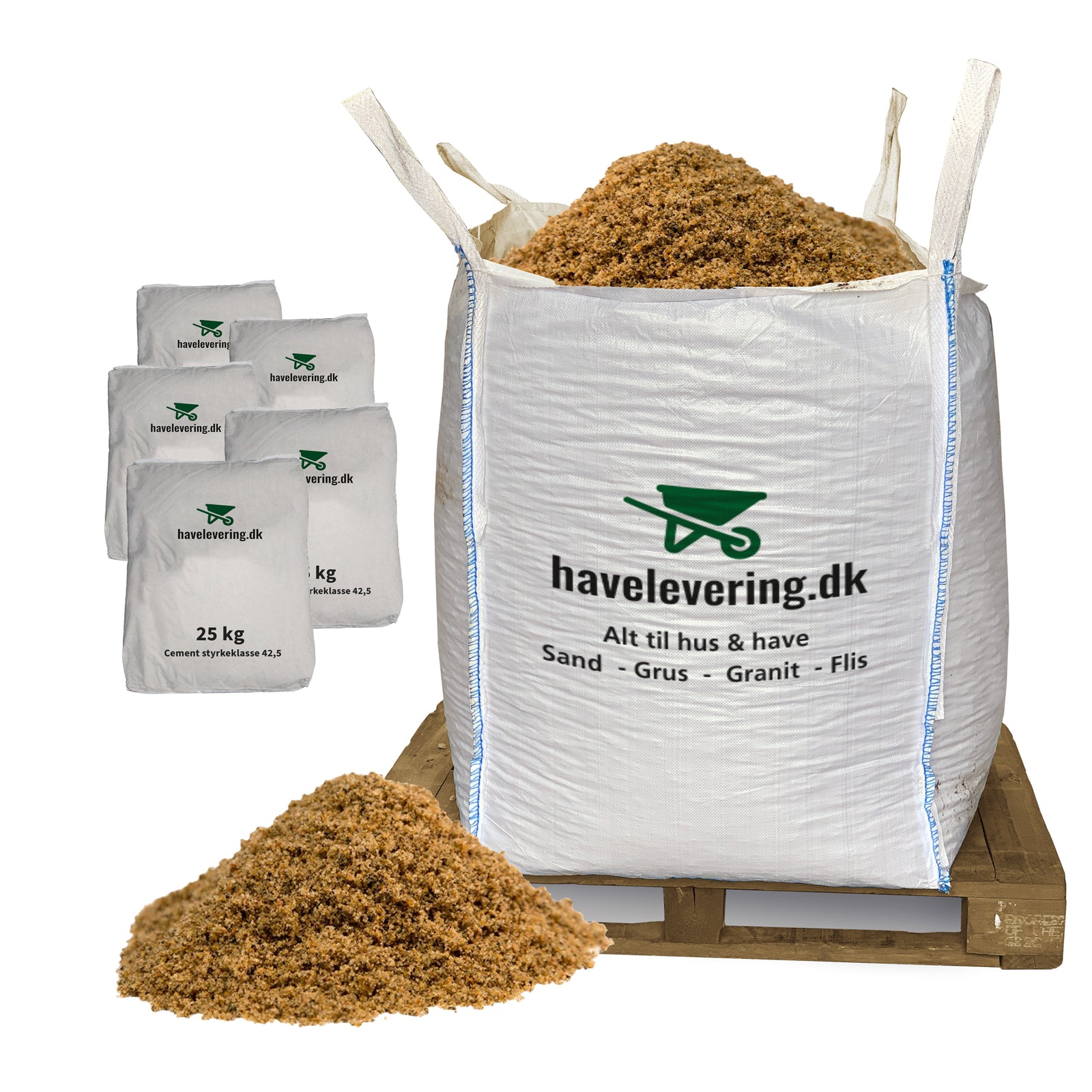 Produktbillede af 1000Kg Murersand/støbesand 0 2 mm + 125kg cement. Frit leveret i hele Danmark. på tilbud i høj kvalitet