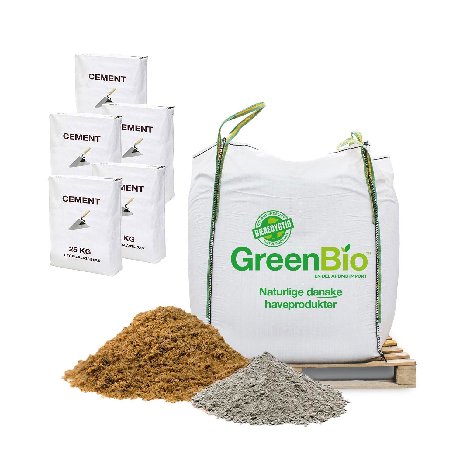 Produktbillede af Støbepakke: 1500 kg murersand 0-2 mm + 225 kg cement 42,5 på tilbud i høj kvalitet