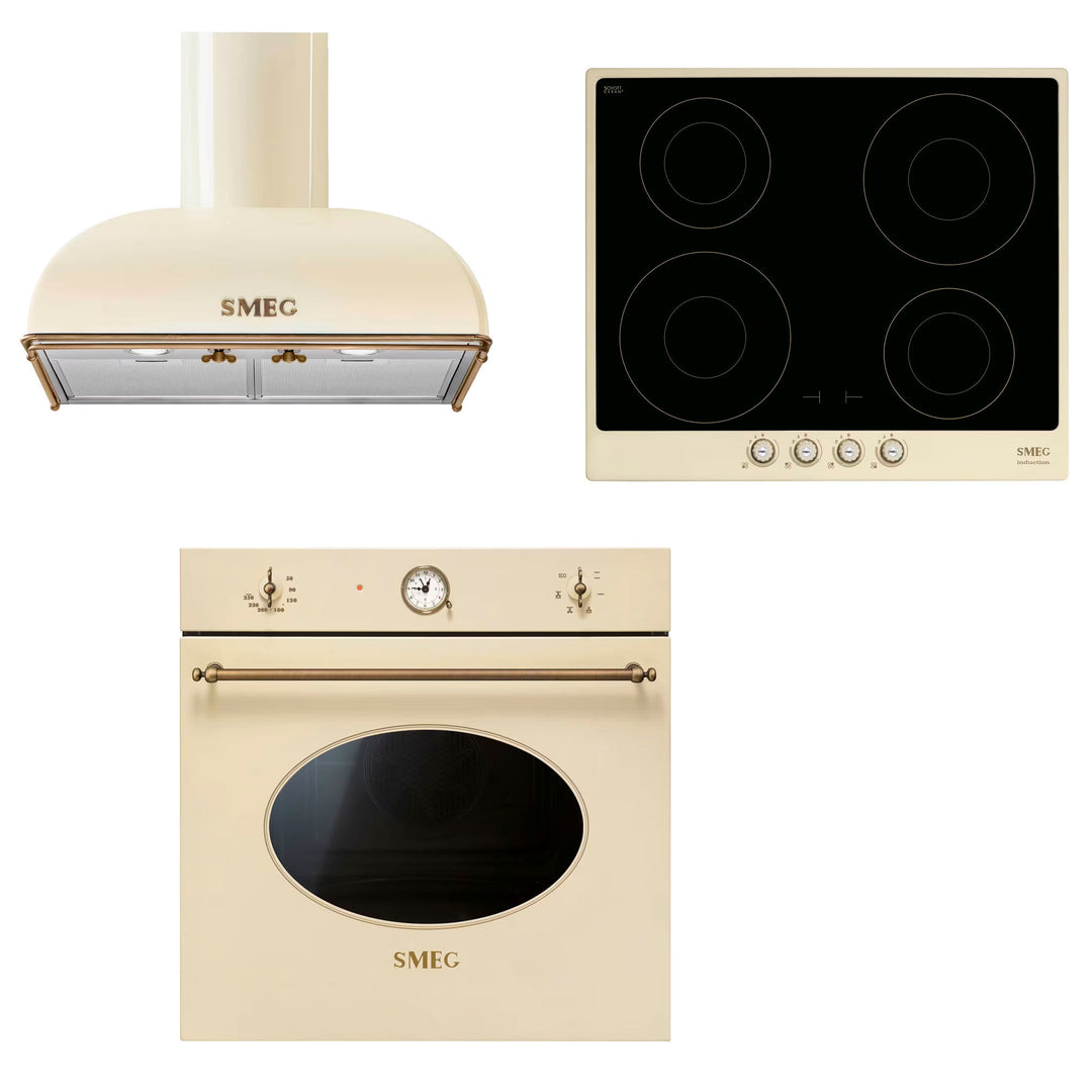 Smeg Smeg Colonial indbygningsovn + induktionskogeplade + emhætte, creme ❤ frontbillede (Emhætter)
