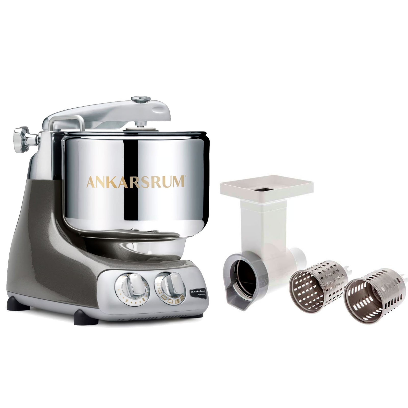 Ankarsrum Ankarsrum Assistent Original AKM6230 Black Chrome + Grøntsagssnitter – close-up (Røremaskiner)