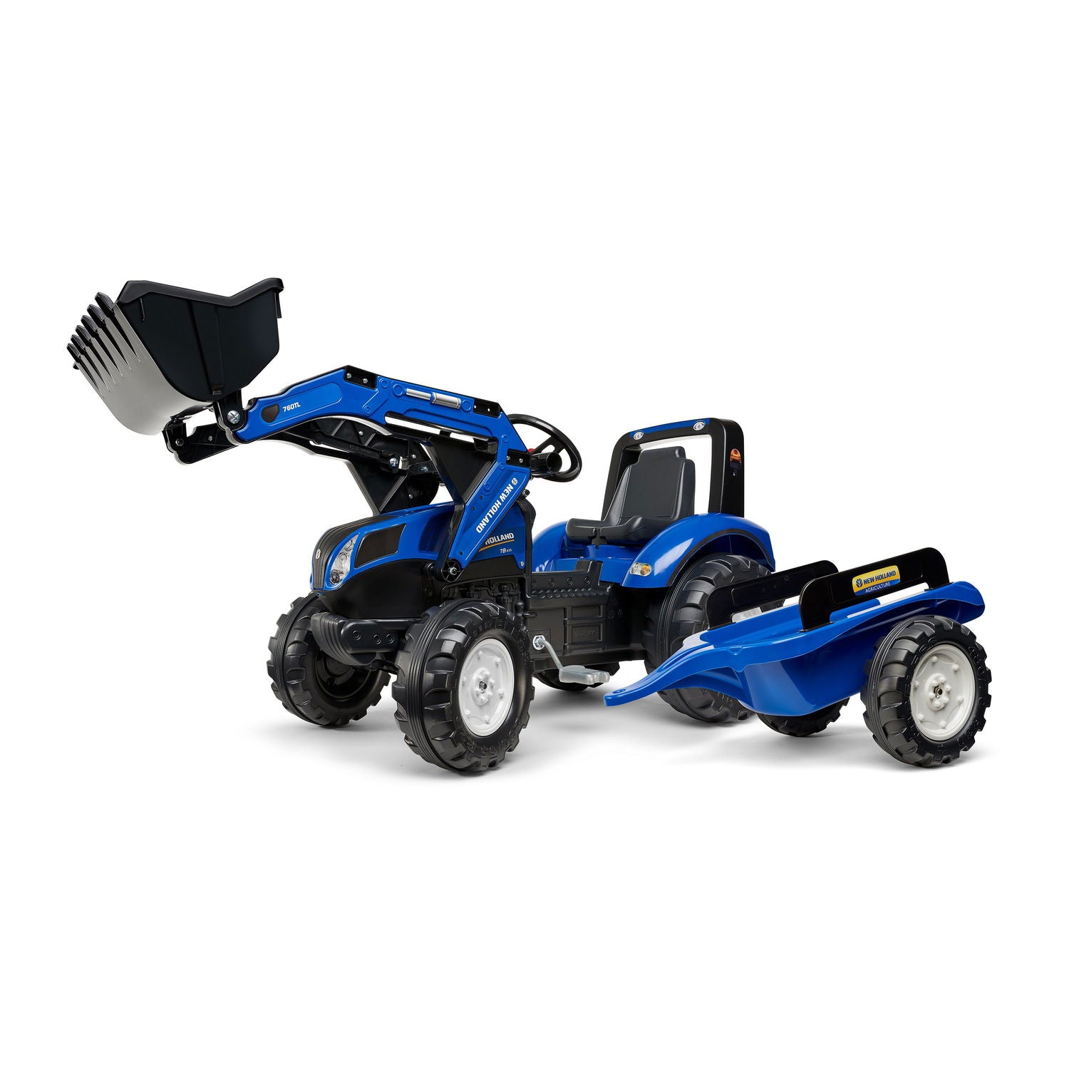 Produktbillede af New Holland pedaltraktor med frontlæsser inkl. vogn på tilbud i høj kvalitet