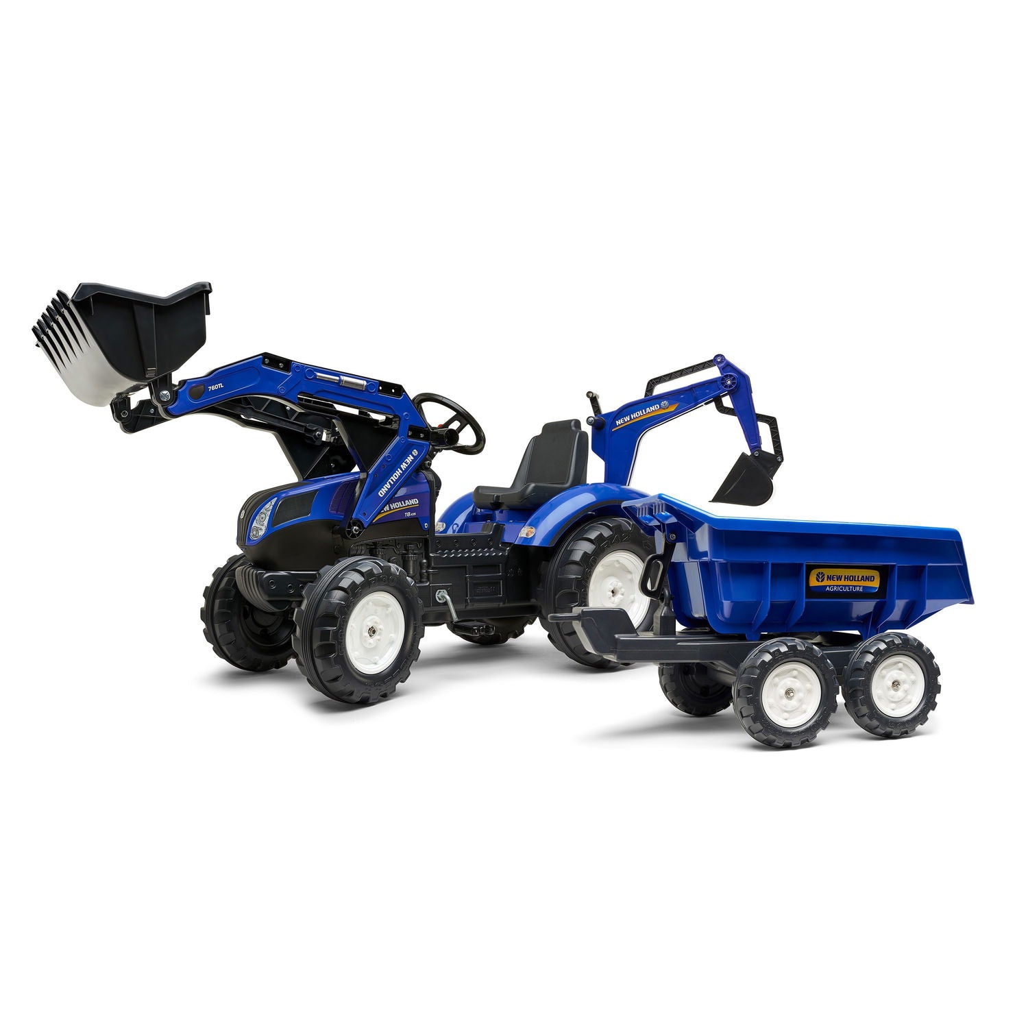 Produktbillede af New Holland pedaltraktor med rendegraver inkl. vogn på tilbud i høj kvalitet