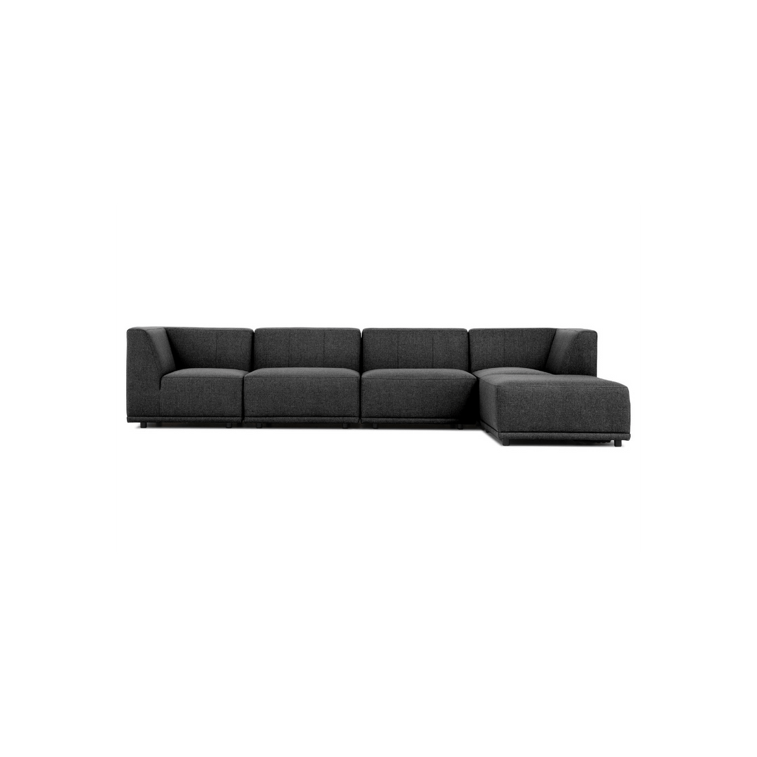 New York hjørnesofa med chaiselong fem moduler grå polyester stof og sort plastik