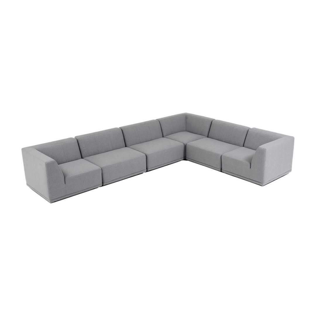 New York hjørnesofa med chaiselong seks moduler lysegrå polyester stof og sort plastik