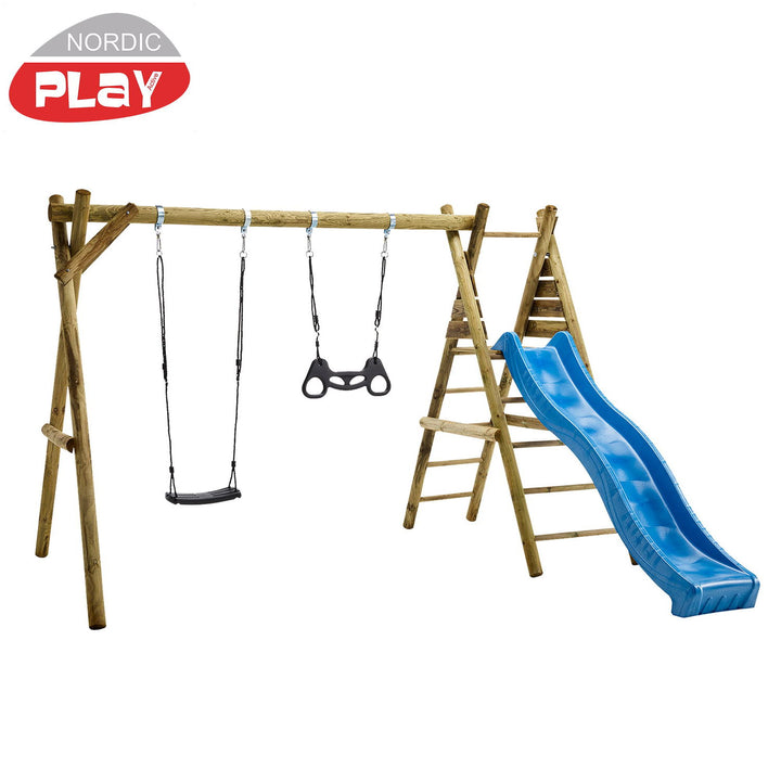 Produktbillede af NORDIC PLAY Active gyngestativ 240 cm med platform m/1 sort gynge og 1 sort trapez inkl. blå rutsjebane på tilbud i høj kvalitet