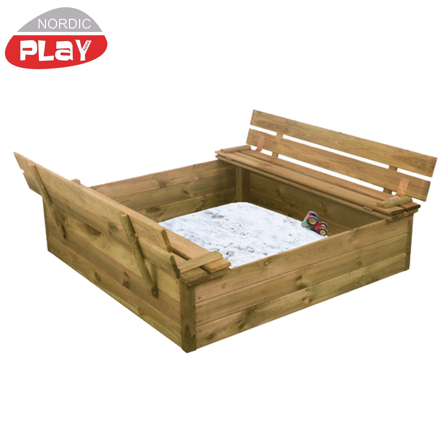 Produktbillede af NORDIC PLAY sandkasse 120 x 120 cm med vippelåg og bænk og 240 kg Certificeret sand på tilbud i høj kvalitet