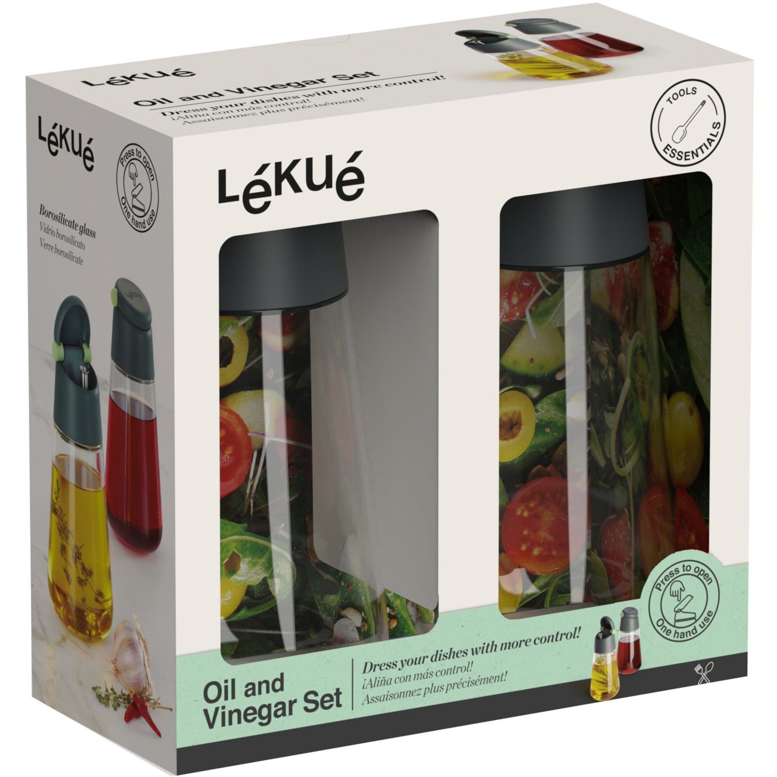Lékué Lékué Olieflaske med tud 400 ml, 2 stk. – billede i brug (Olieflaske)