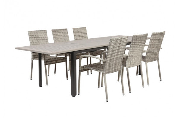 Produktbillede af Nydala Geneve Lys Grå Havemøbelsæt m/6 stole 90x200/280 cm på tilbud i høj kvalitet