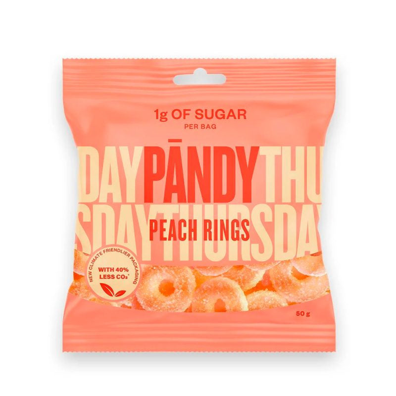 Detaljeret produktbillede af Pandy Sukkerfri Candy Peach Rings 50g. 6 for 119,00 på tilbud