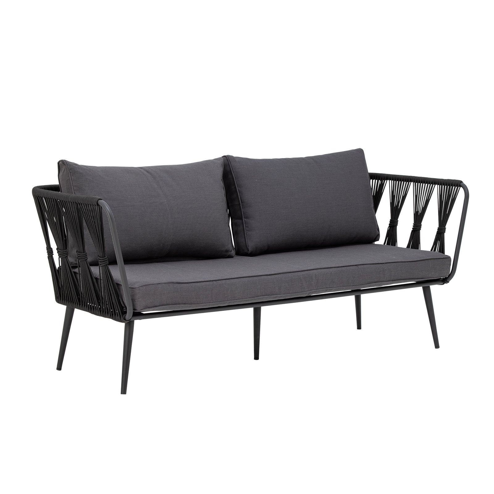 Produktbillede af BLOOMINGVILLE Pavone havesofa m. armlæn og mørkegrå puder sort polyesterreb og sort metal i premium kvalitet