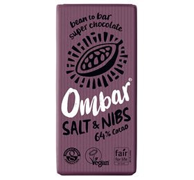 Detaljeret produktbillede af Ombar Salt & kakaonibs 64% kakao Ø 70 g på tilbud
