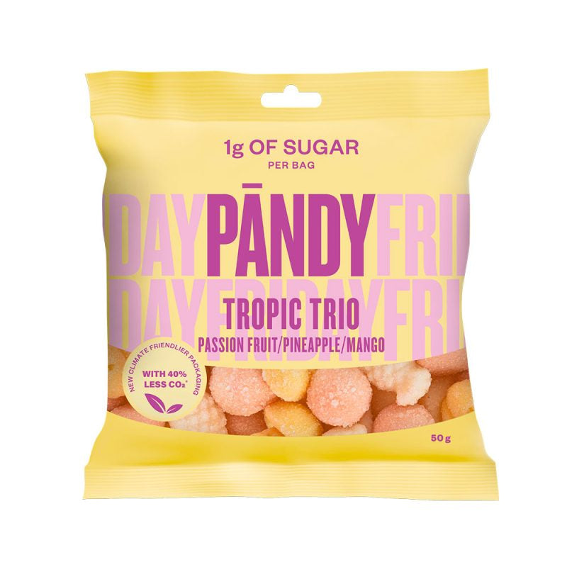 Detaljeret produktbillede af Pandy Sukkerfri Candy Tropic Trio 50g. 6 For 119.00 på tilbud