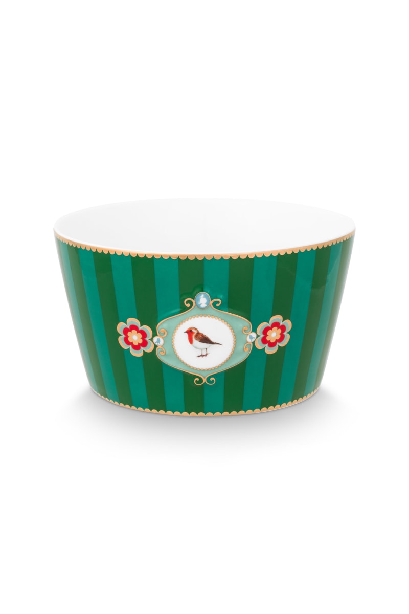 Produktbillede af Bowl Love Birds Medallion Stripes Emerald-Green 15cm på tilbud i høj kvalitet
