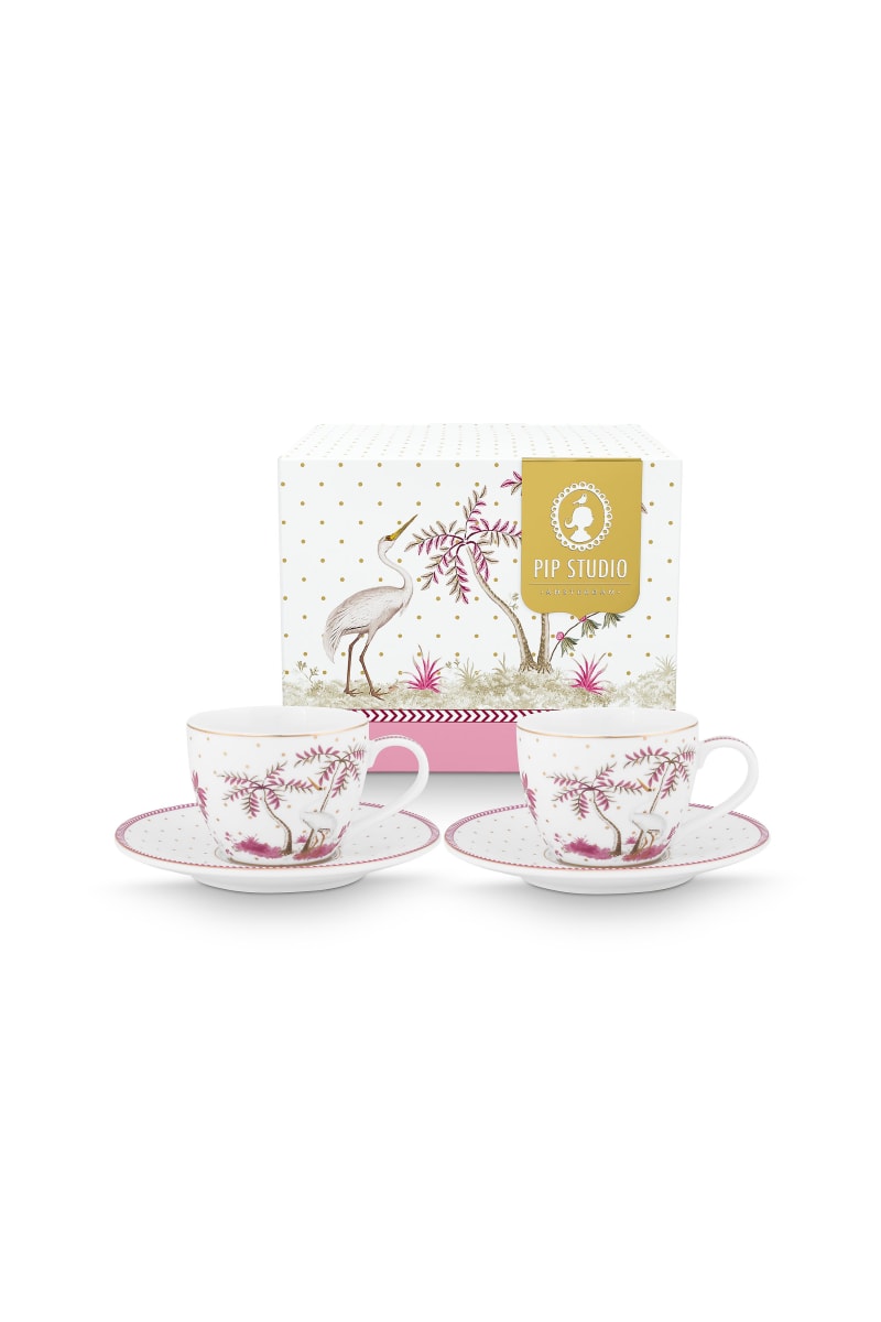 Produktbillede af Pip Studio Set/2 Espresso Cups & Saucers Jolie Dots Gold Pink 120ml på tilbud i høj kvalitet