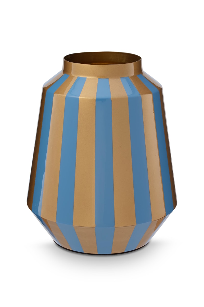 Produktbillede af Vase Metal Stripes Light Blue-Gold 24x29cm på tilbud i høj kvalitet