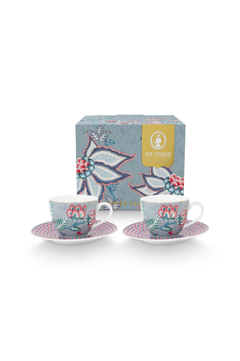 Produktbillede af Set/2 Espresso Cups & Saucers Flower Festival Light Blue 120 på tilbud i høj kvalitet