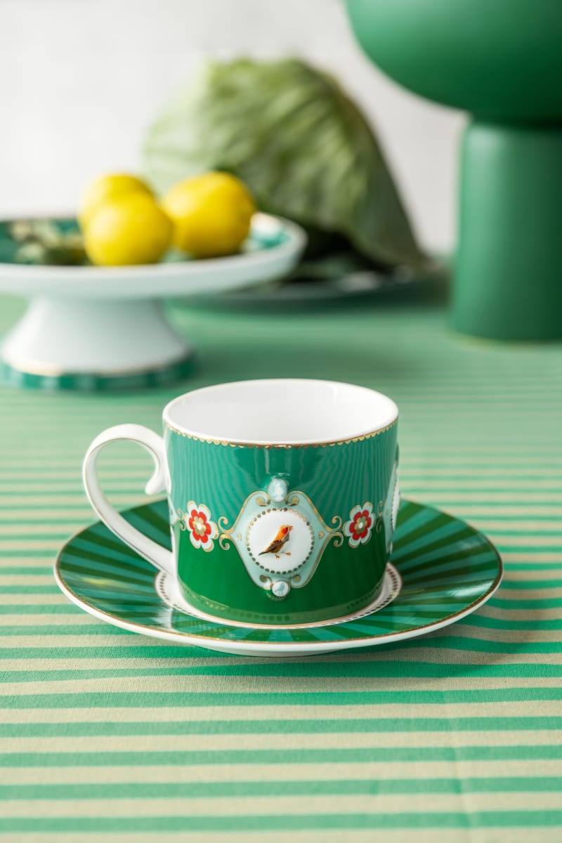 Produktbillede af Cup & Saucer Love Birds Medallion Emerald-Green 200ml på tilbud i høj kvalitet