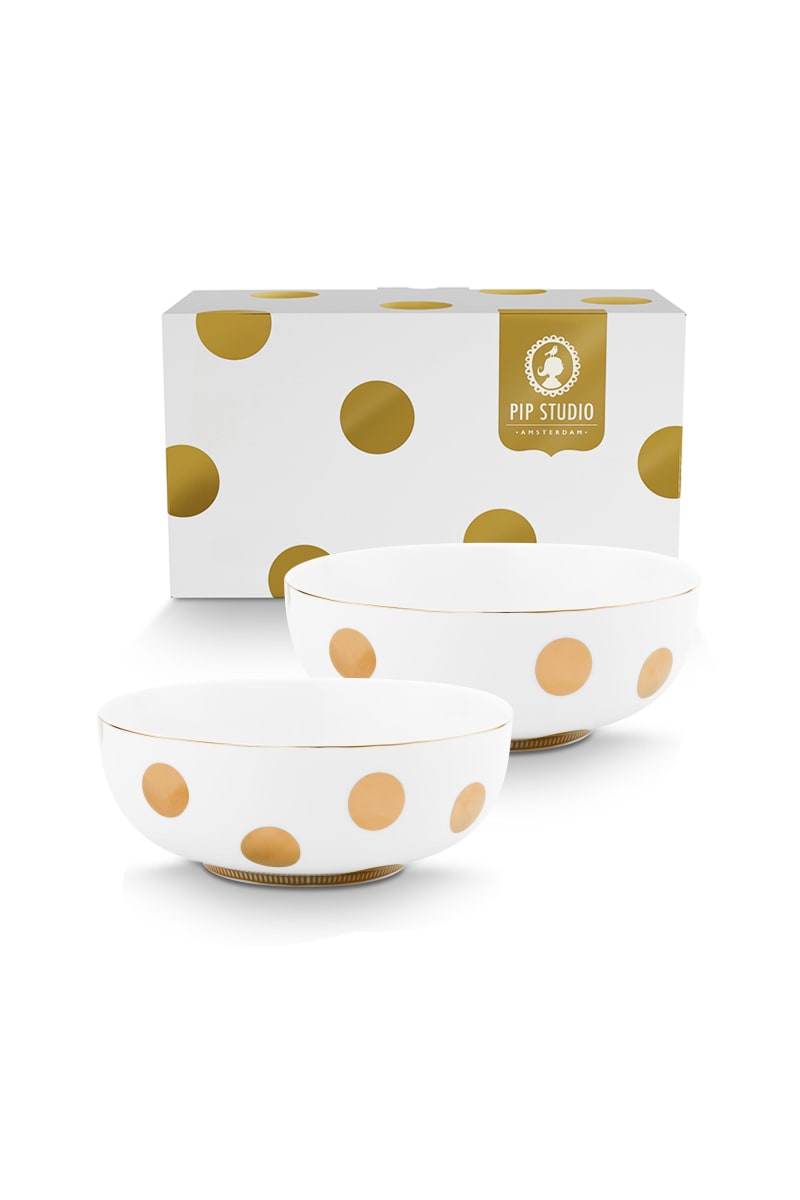 Produktbillede af Set/2 Bowls Dot Delight white-Gold 15 cm på tilbud i høj kvalitet