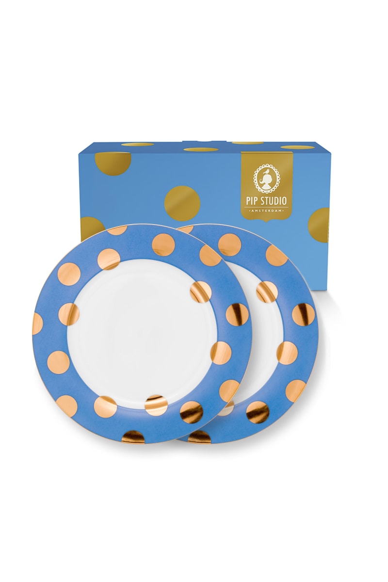 Produktbillede af Set/2 Plates Dot Delight Light Blue-Gold 21cm på tilbud i høj kvalitet