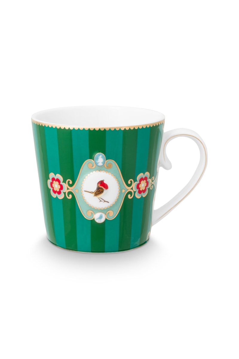 Produktbillede af Mug Large Love Birds Medallion Stripes Emerald-Green 250ml på tilbud i høj kvalitet