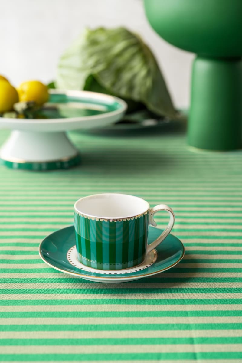 Produktbillede af Espresso Cup & Saucer Love Birds Stripe Emerald- green125ml på tilbud i høj kvalitet