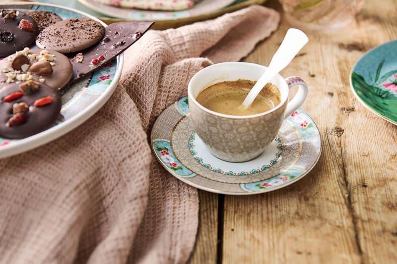 Produktbillede af Espresso Cup & Saucer Blushing Birds Khaki 120ml på tilbud i høj kvalitet