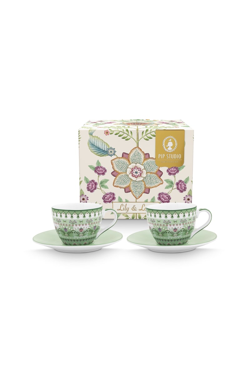 Produktbillede af Pip Studio Set/2 Espresso Cups and Saucers Lily&Lotus Light Green 120ml på tilbud i høj kvalitet