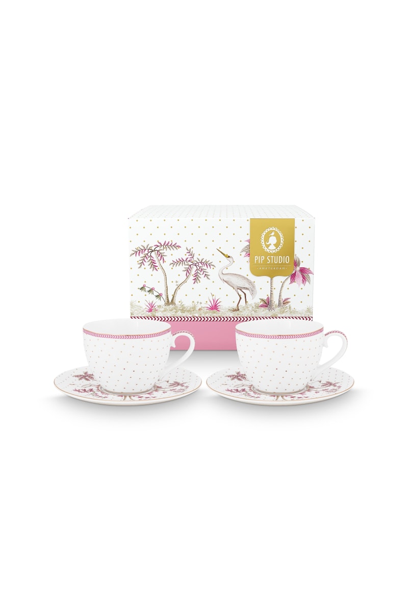 Produktbillede af Pip Studio Set/2 Cups & Saucers Jolie Dots Gold Pink 280ml på tilbud i høj kvalitet