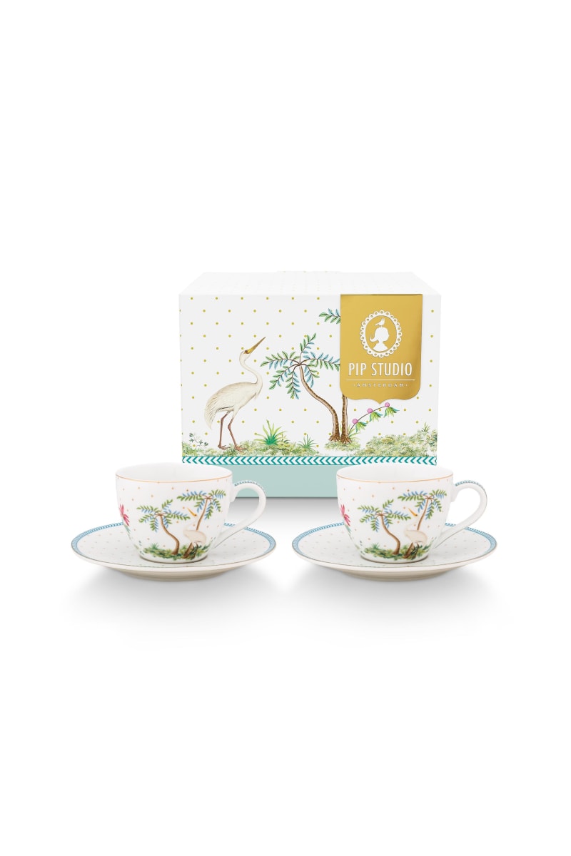 Produktbillede af Set/2 Espresso Cups & Saucers Jolie Dots Gold 120ml på tilbud i høj kvalitet