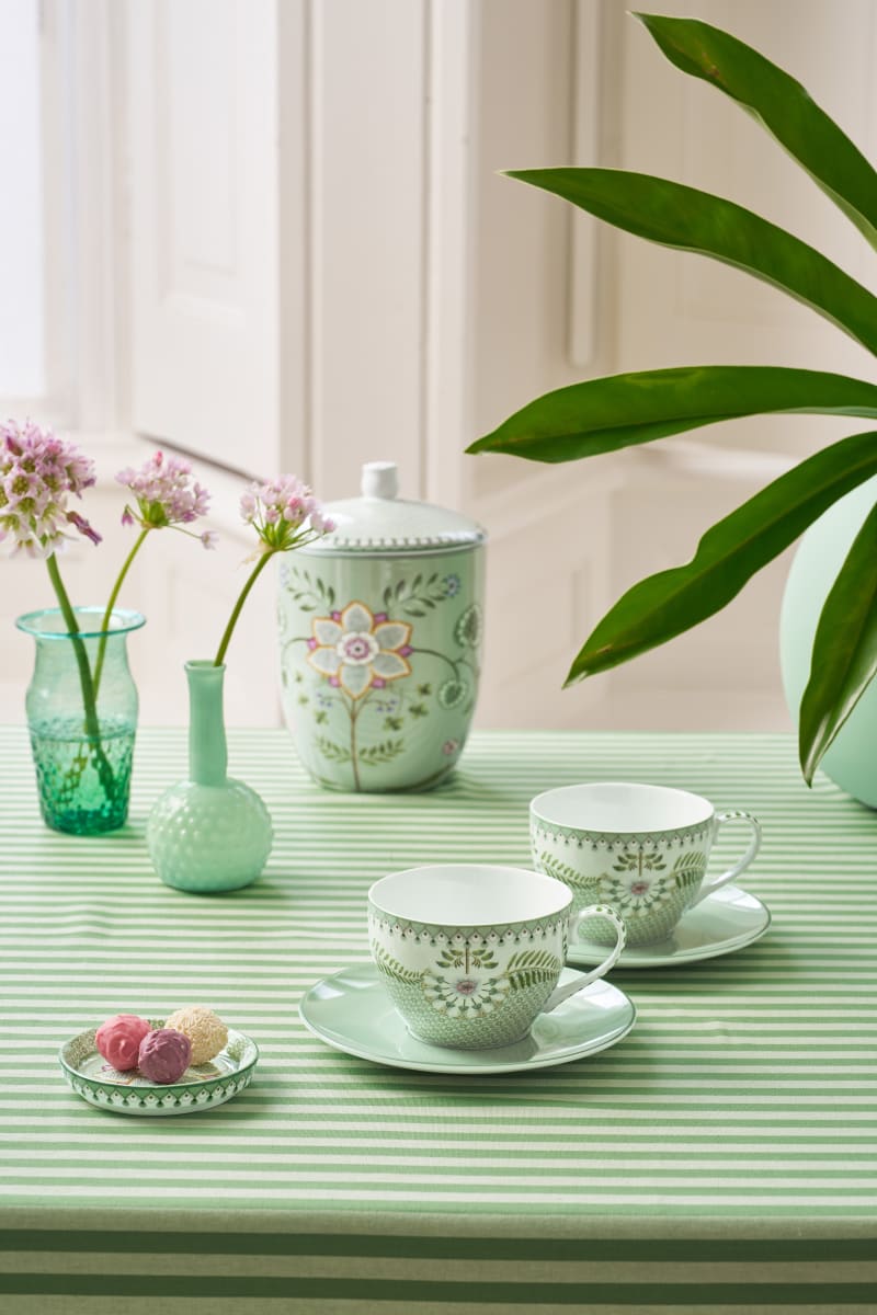 Produktbillede af Pip Studio Set/2 Cups and Saucers Lily&Lotus Light Green 280ml på tilbud i høj kvalitet