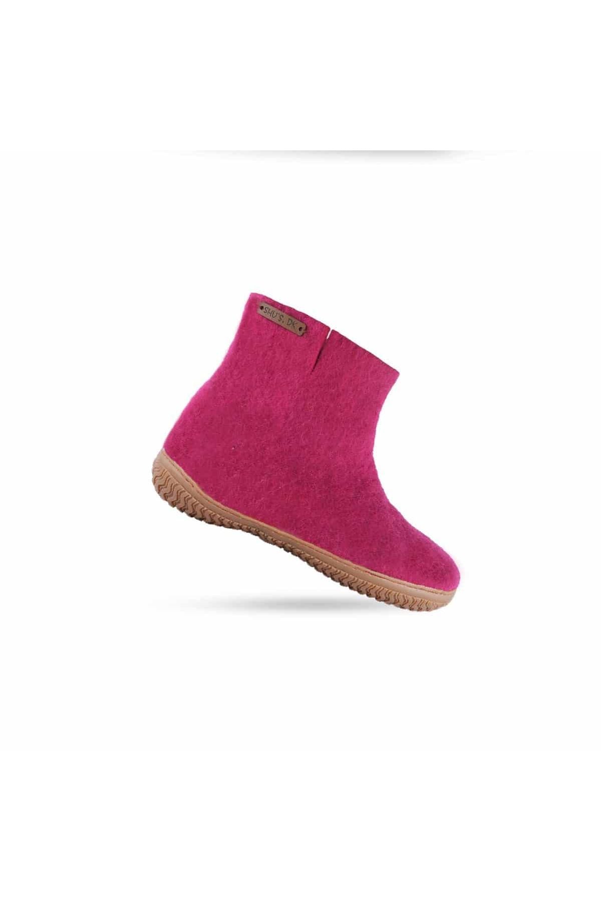 Pink håndlavede filthjemmesko med høj skaft og gummisål fra SHUS, størrelse 43