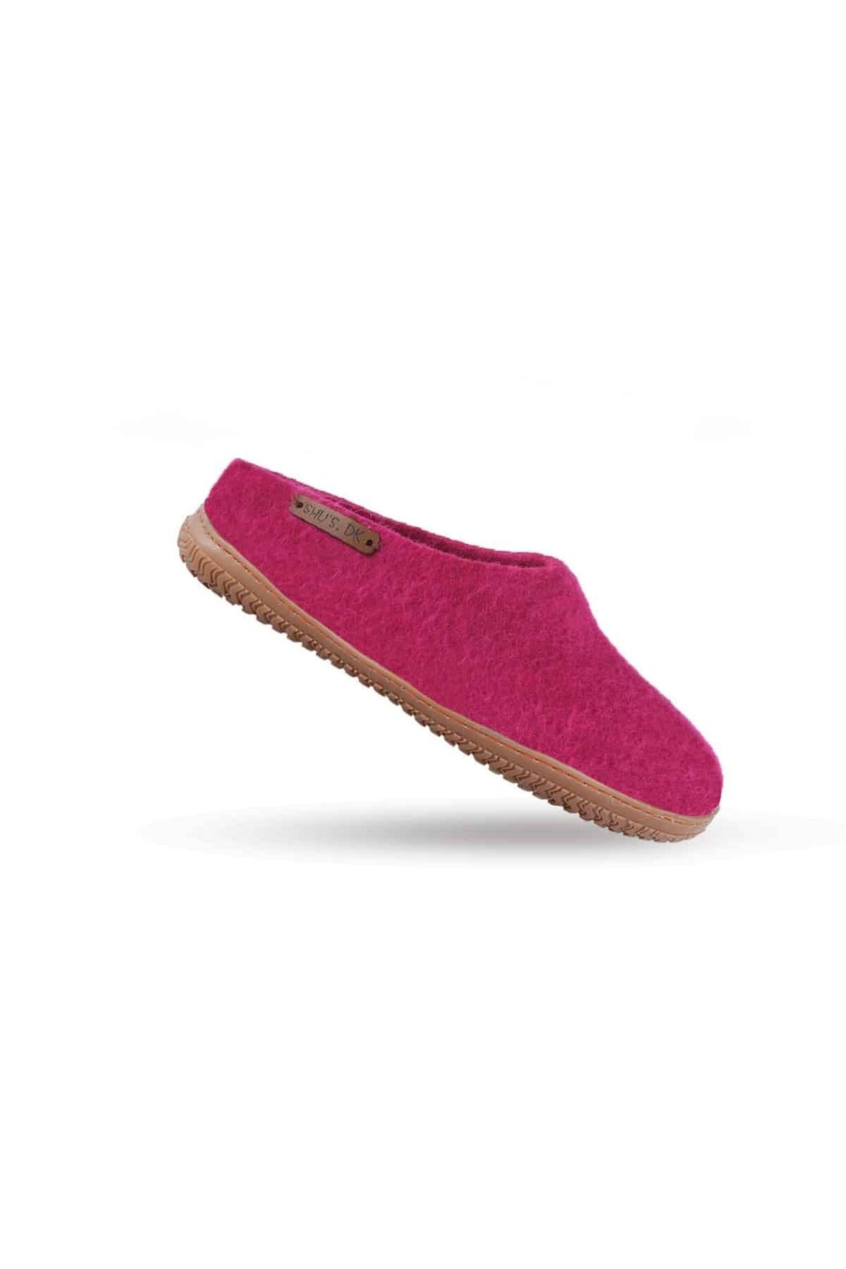 Pink uldtøffel fra SHUS med gummisål i størrelse 37