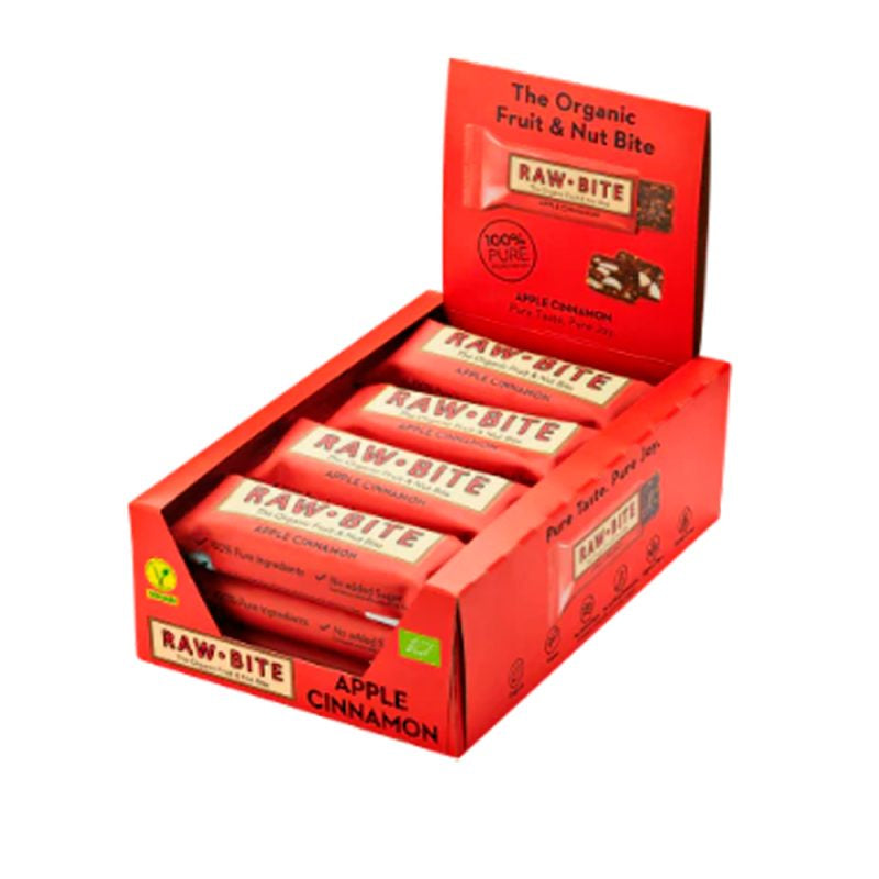 Detaljeret produktbillede af Rawbite Apple Cinnamon Ø 50g. 12 stk. Spar 10% på tilbud