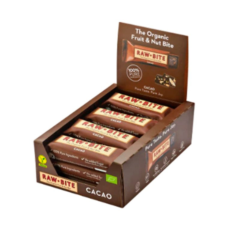 Detaljeret produktbillede af Rawbite Kakao 50 g. 12 stykker SPAR 10% på tilbud