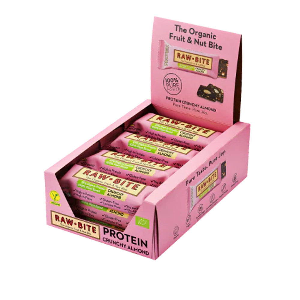 Detaljeret produktbillede af Rawbite Protein Crunchy Almond Ø 50 g. 12 stykker SPAR 10% på tilbud