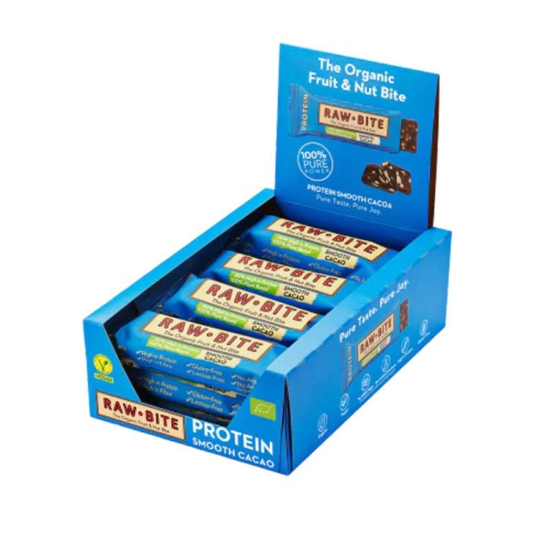 Detaljeret produktbillede af Rawbite Protein Smooth Cacao Ø 50 g. 12 stk. Spar 10% på tilbud