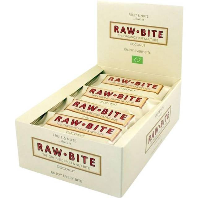Detaljeret produktbillede af Rawbite Kokos 50 g. 12 stykker SPAR 10% på tilbud