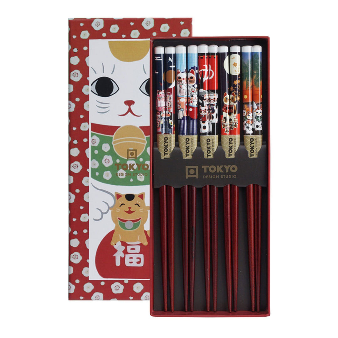 Tokyo design studio Tokyo design studio Spisepinde gavesæt med 5 par, lucky cats – vinkelbillede (Spisepinde)