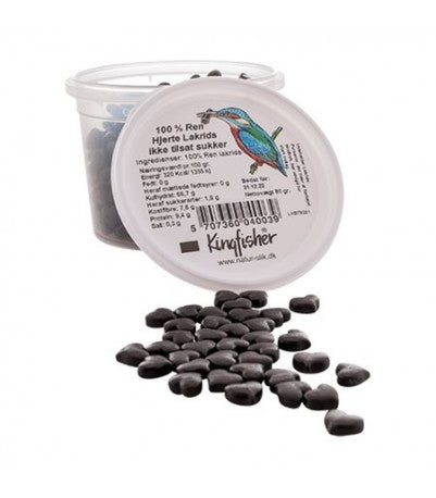 Detaljeret produktbillede af Kingfischer Ren lakrids-hjerter 80 gr på tilbud
