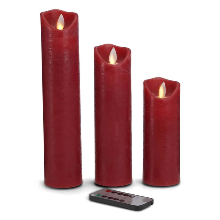 LED stearinlys 3 stk. 15/20/25 cm m/3D flamme (flere farver) Rød