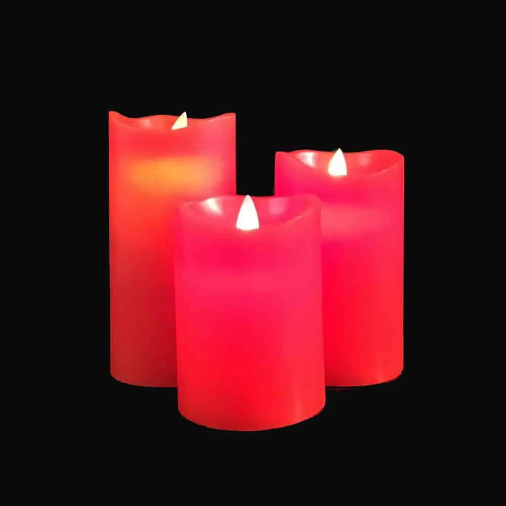 LED blok stearinlys 3 stk. 12/15/17 cm m/3D flamme (Flere farver) Rød