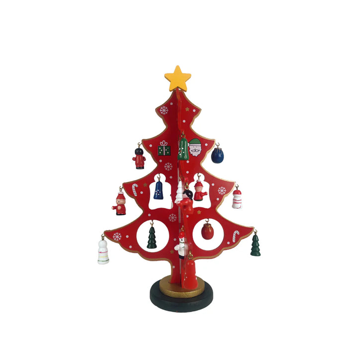 Juletræer i træ hver med 20 håndmalede figurer rød eller grøn (Højde 25,5 cm.) Rød