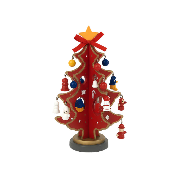 Juletræer m/sløjfe i træ hver med 20 håndmalede figurer rød eller grøn (Højde 20,5 cm.) Rød