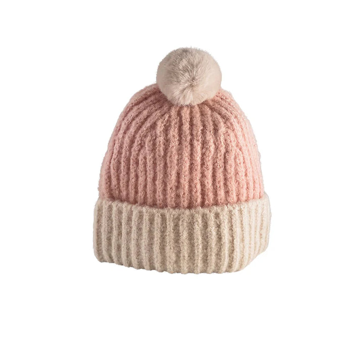 Trendy strikhue med kvast og foldekant Rosa-hvid