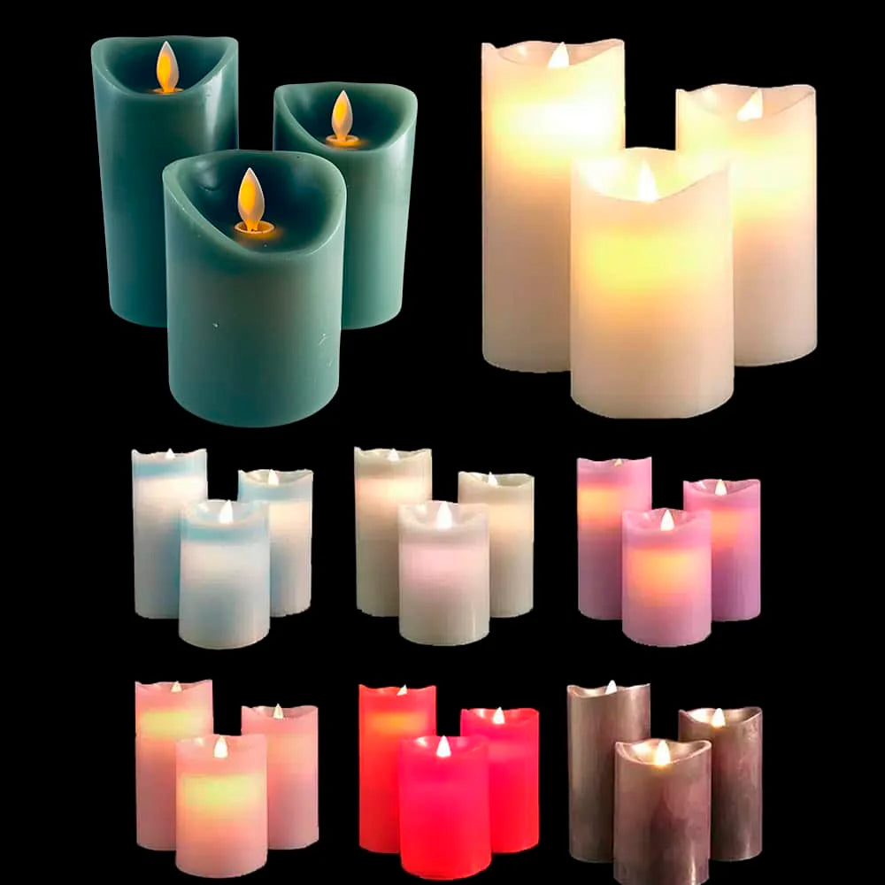 LED blok stearinlys 3 stk. 12/15/17 cm m/3D flamme (Flere farver) Cream hvid