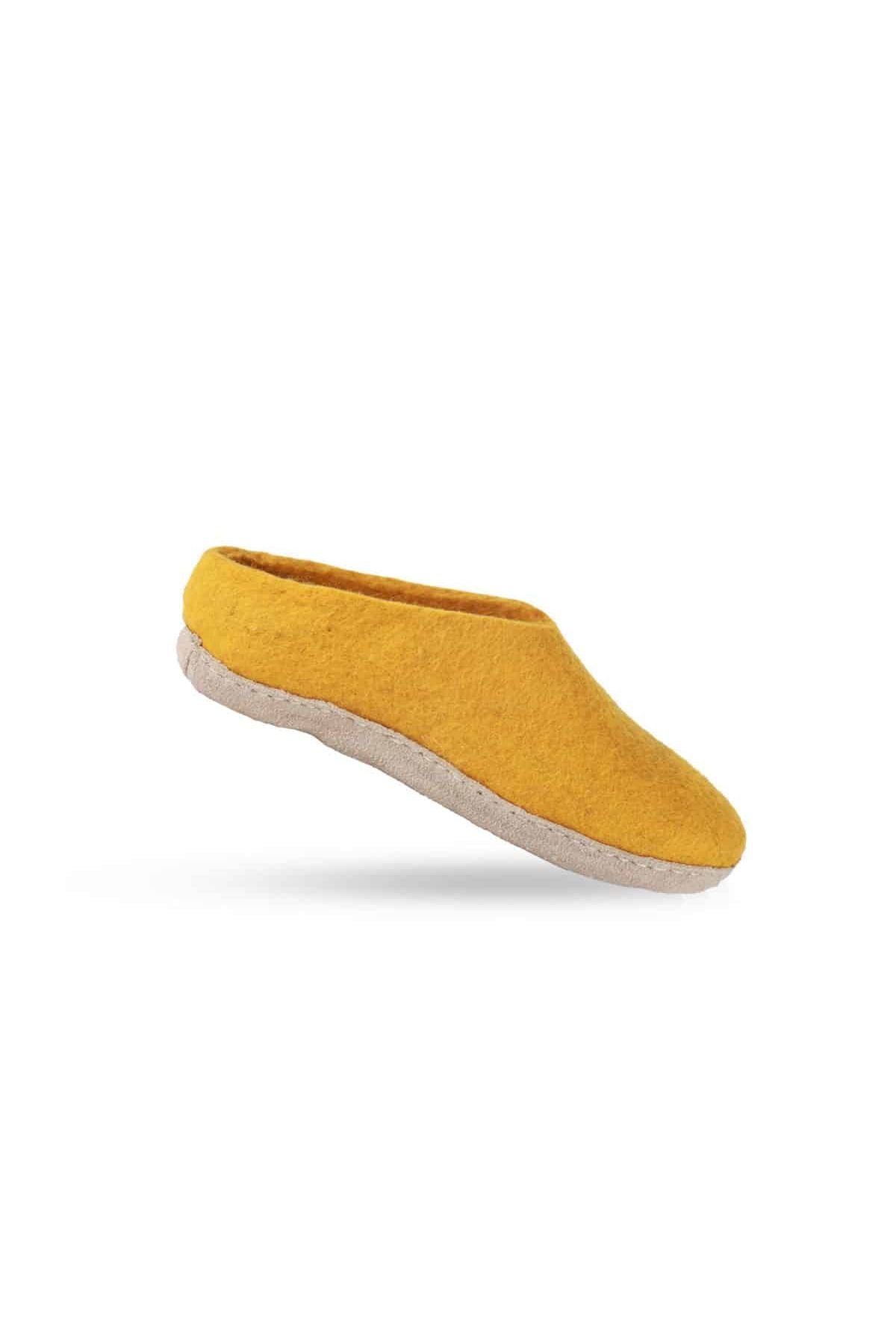 Karry gul uldtøffel med ruskindssål fra SHUS, størrelse 43